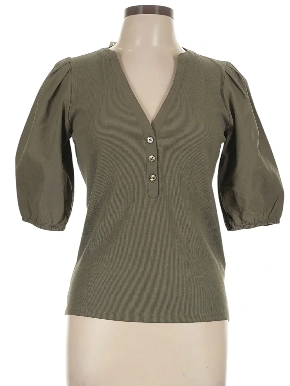 Madewell Puff Sleeve Henley Knit Top Size Large Olive Green Slim fit Cotton NWT